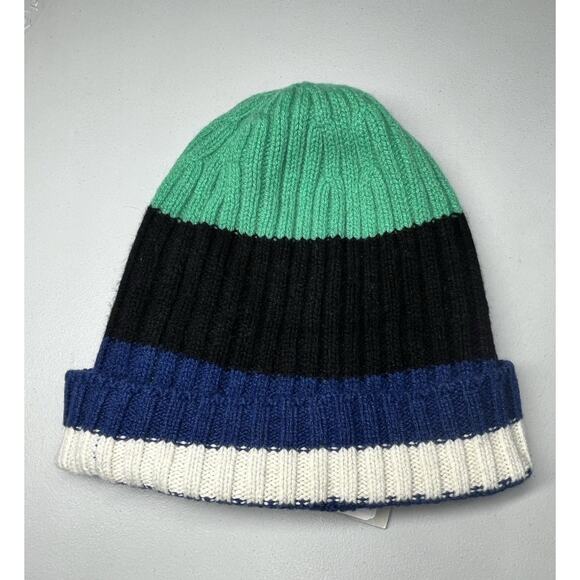 Everlane The Cashmere Beanie Hat OS Adult Bright Navy Green Multi Stripe Ribbed - Picture 2 of 5